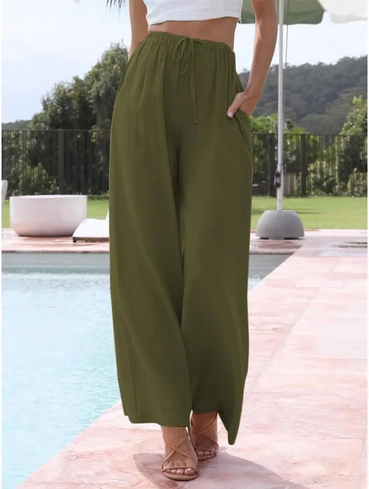 Womens Linen Wide Leg Pants Drawstring Elastic Waist Palazzo Pants Daily Wear Beach Trousers with Pockets