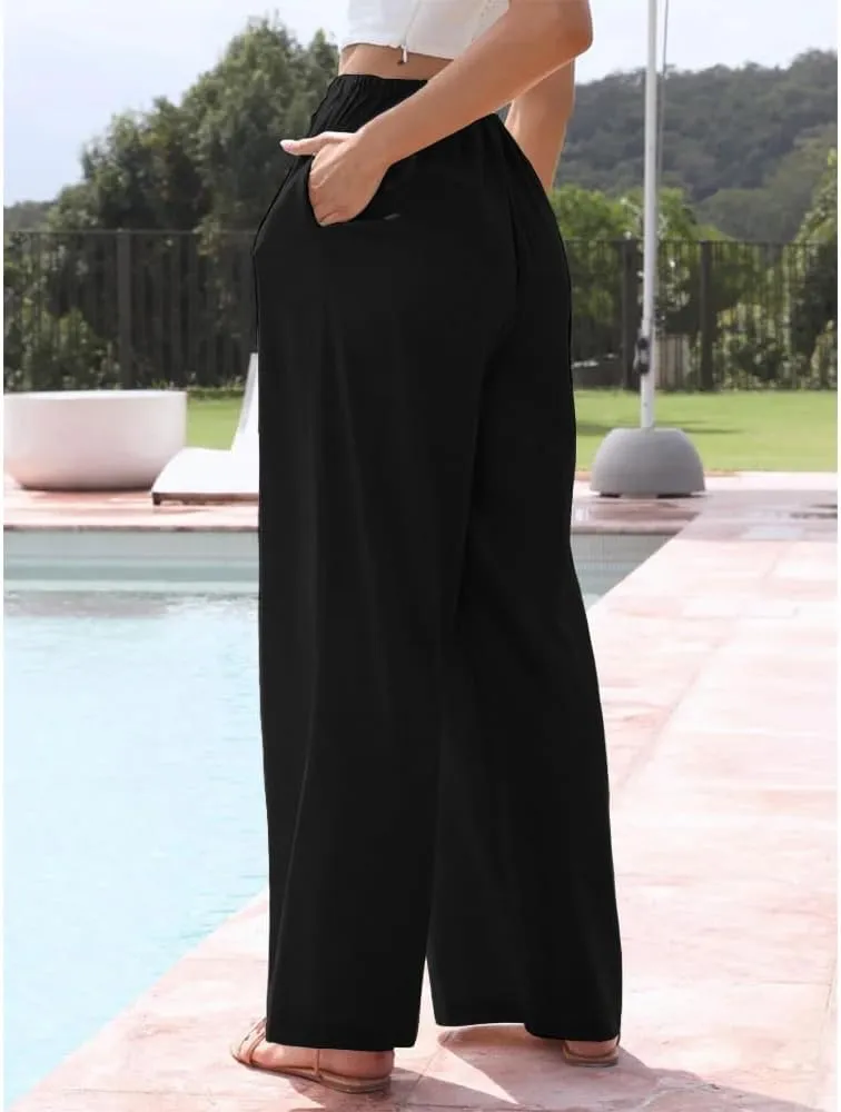 Womens Linen Wide Leg Pants Drawstring Elastic Waist Palazzo Pants Daily Wear Beach Trousers with Pockets
