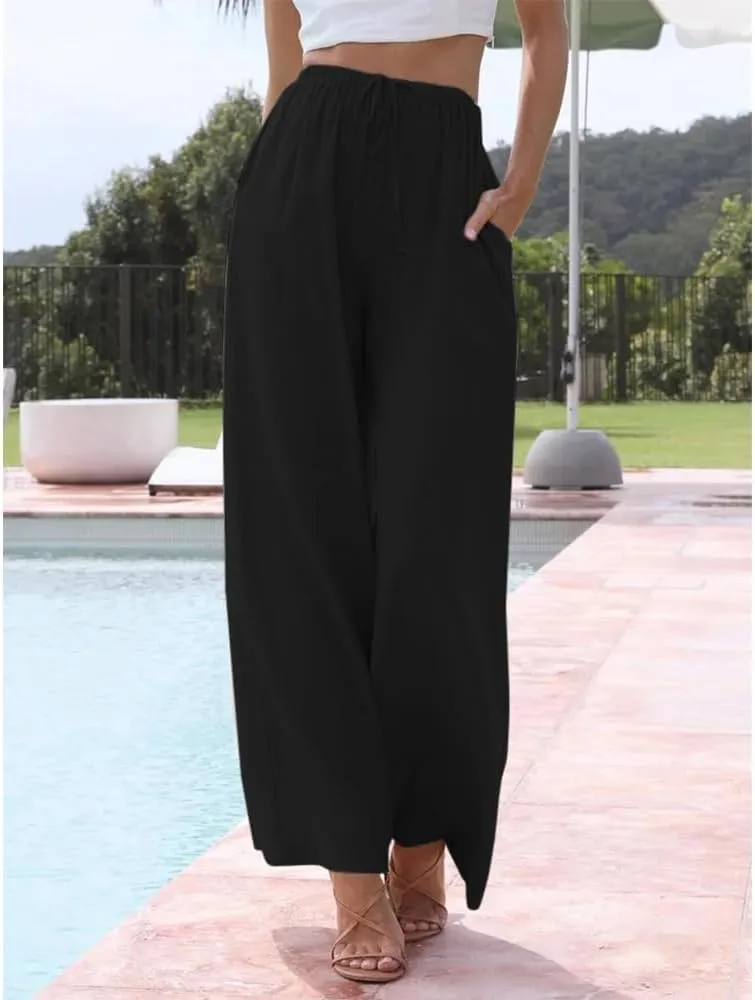 Womens Linen Wide Leg Pants Drawstring Elastic Waist Palazzo Pants Daily Wear Beach Trousers with Pockets