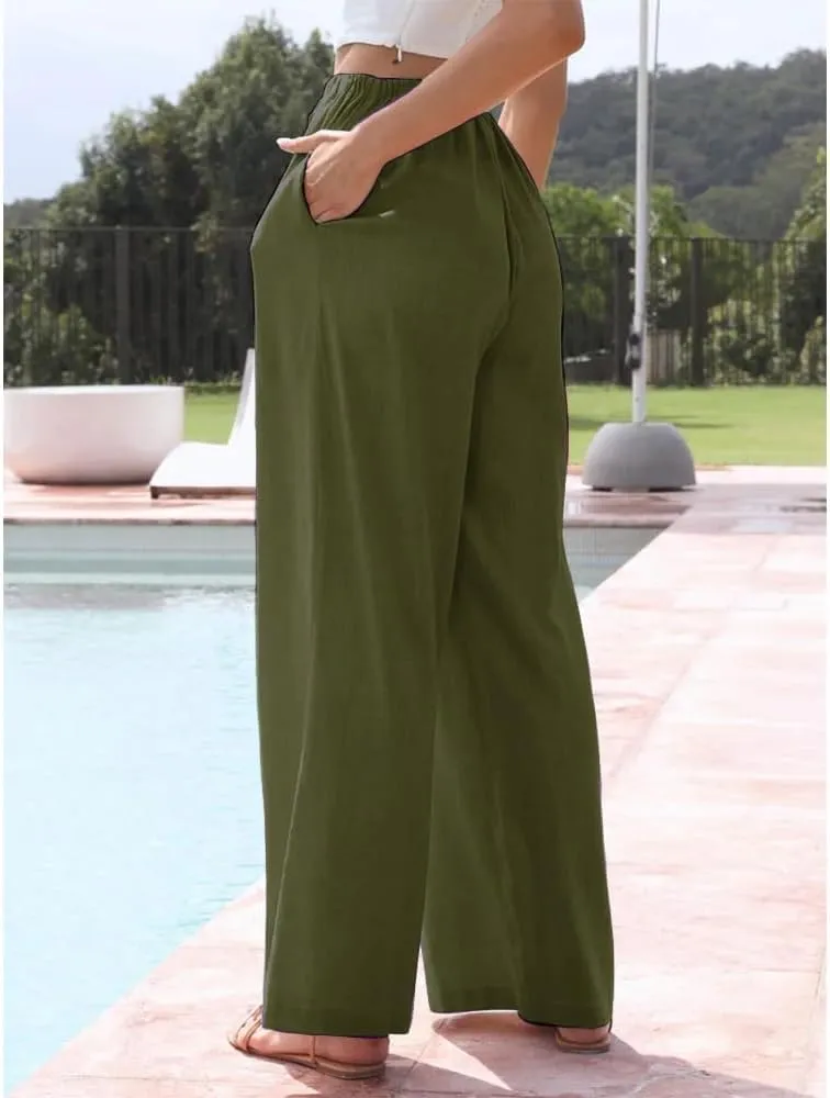 Womens Linen Wide Leg Pants Drawstring Elastic Waist Palazzo Pants Daily Wear Beach Trousers with Pockets