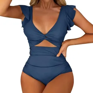 Womens One Piece Swimsuit Ruched Tummy Control High Cut Backless V Neck Bathing Suits Swimwear