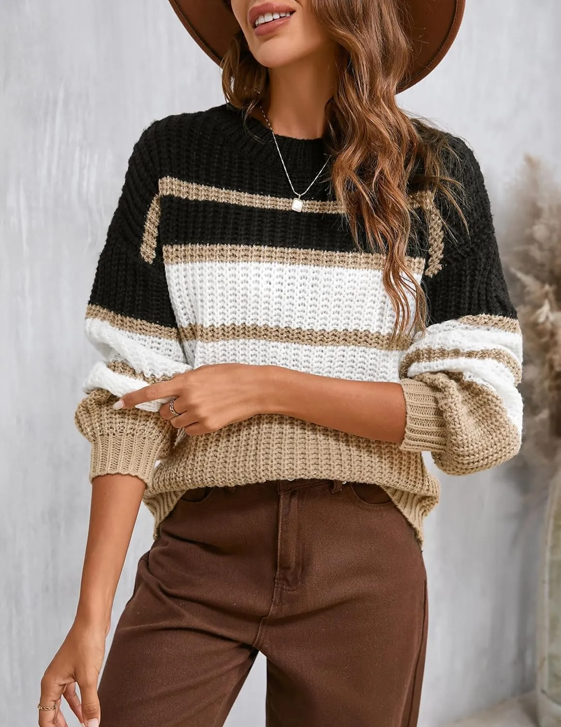 Womens Oversized Cute Color Block Striped Sweater Fall 2024 Casual Chunky Waffle Knit Crewneck Pullover Top