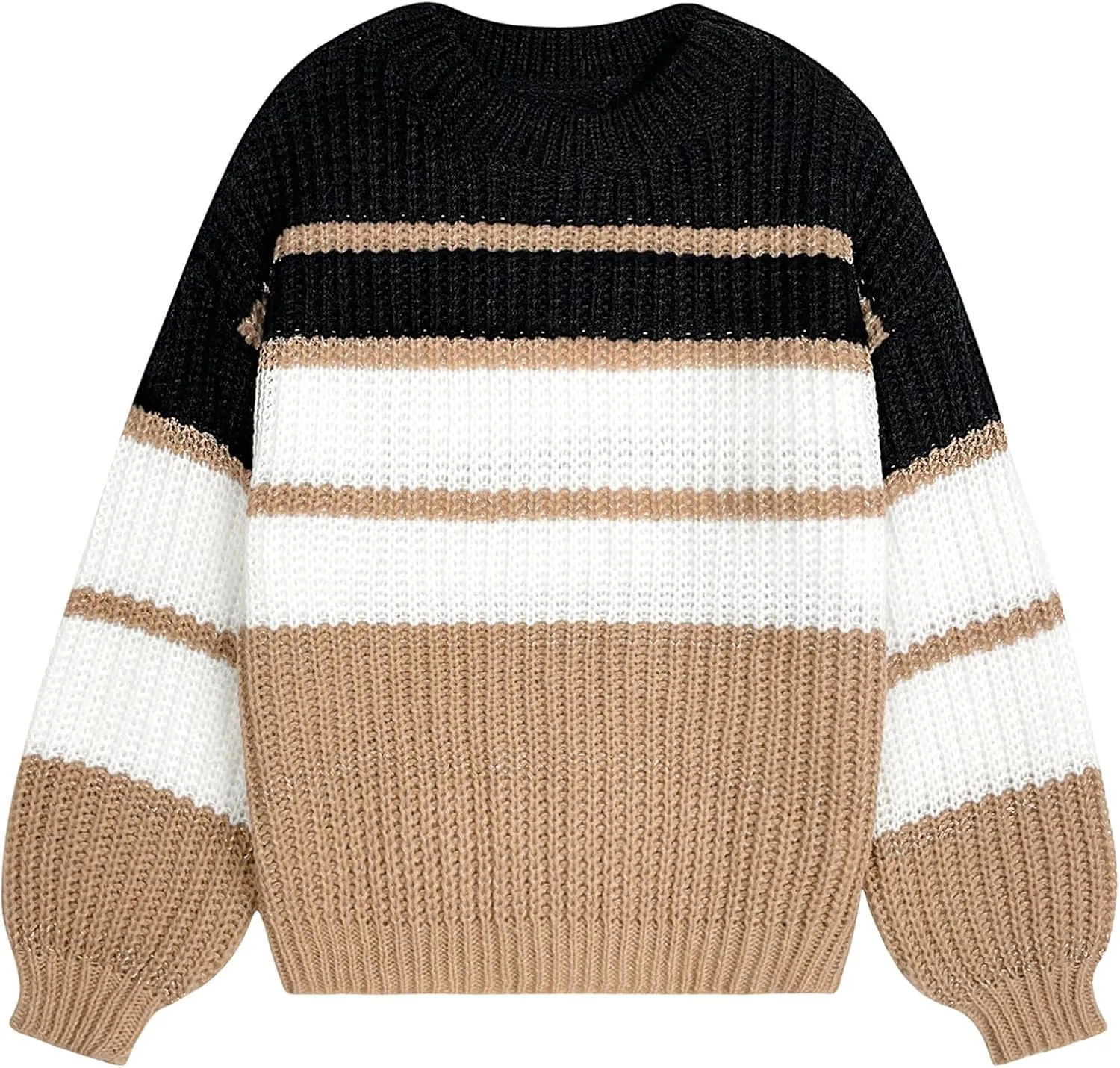 Womens Oversized Cute Color Block Striped Sweater Fall 2024 Casual Chunky Waffle Knit Crewneck Pullover Top