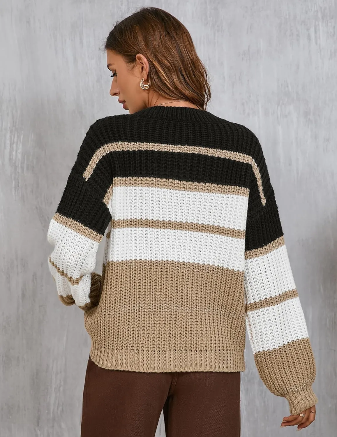 Womens Oversized Cute Color Block Striped Sweater Fall 2024 Casual Chunky Waffle Knit Crewneck Pullover Top