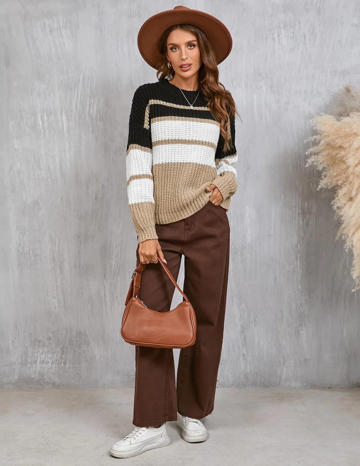 Womens Oversized Cute Color Block Striped Sweater Fall 2024 Casual Chunky Waffle Knit Crewneck Pullover Top