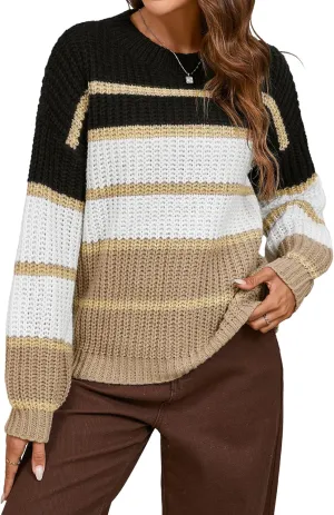 Womens Oversized Cute Color Block Striped Sweater Fall 2024 Casual Chunky Waffle Knit Crewneck Pullover Top