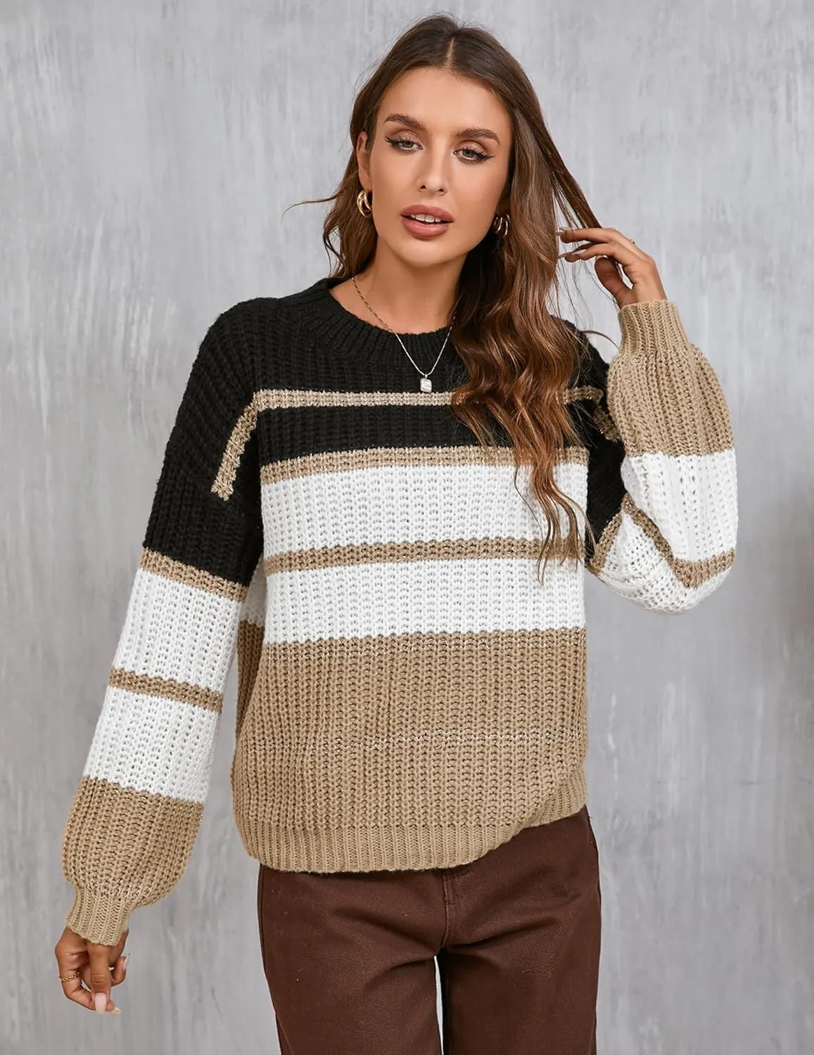 Womens Oversized Cute Color Block Striped Sweater Fall 2024 Casual Chunky Waffle Knit Crewneck Pullover Top