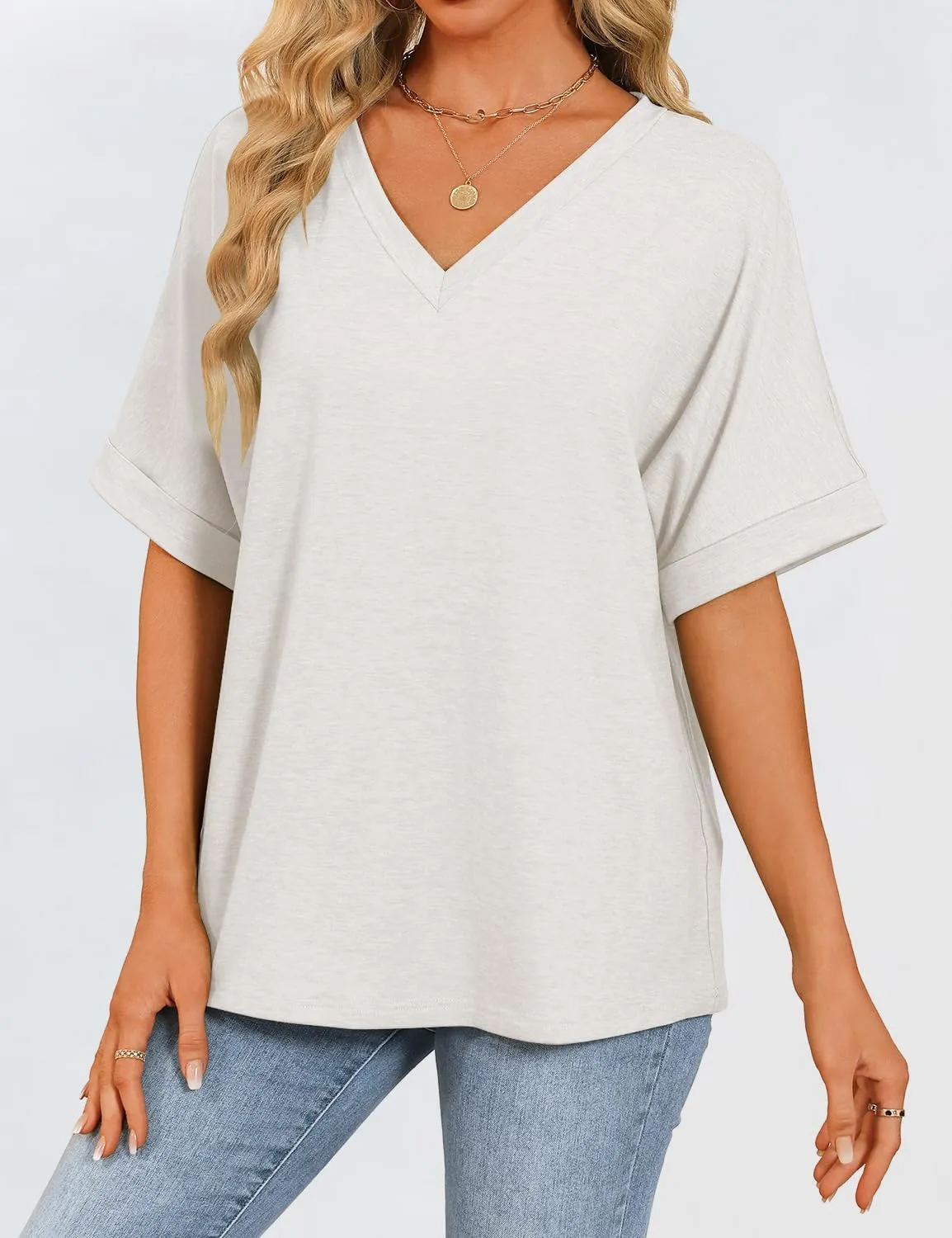 Womens Oversized T Shirts V Neck Loose Fit Shirts Short Sleeve Summer Casual Tops 2025 Trendy Blouses Y2K Plain Tees