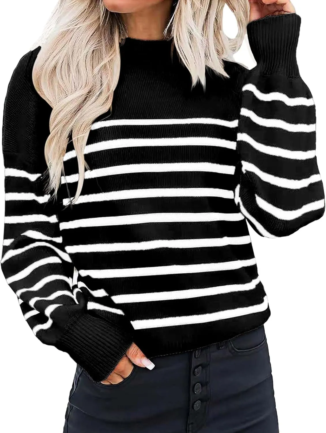 Womens Oversized Turtleneck Cute Striped Sweater Fall 2024 Casual Lightweight Ribbed Knit Long Sleeve Pullover Tops