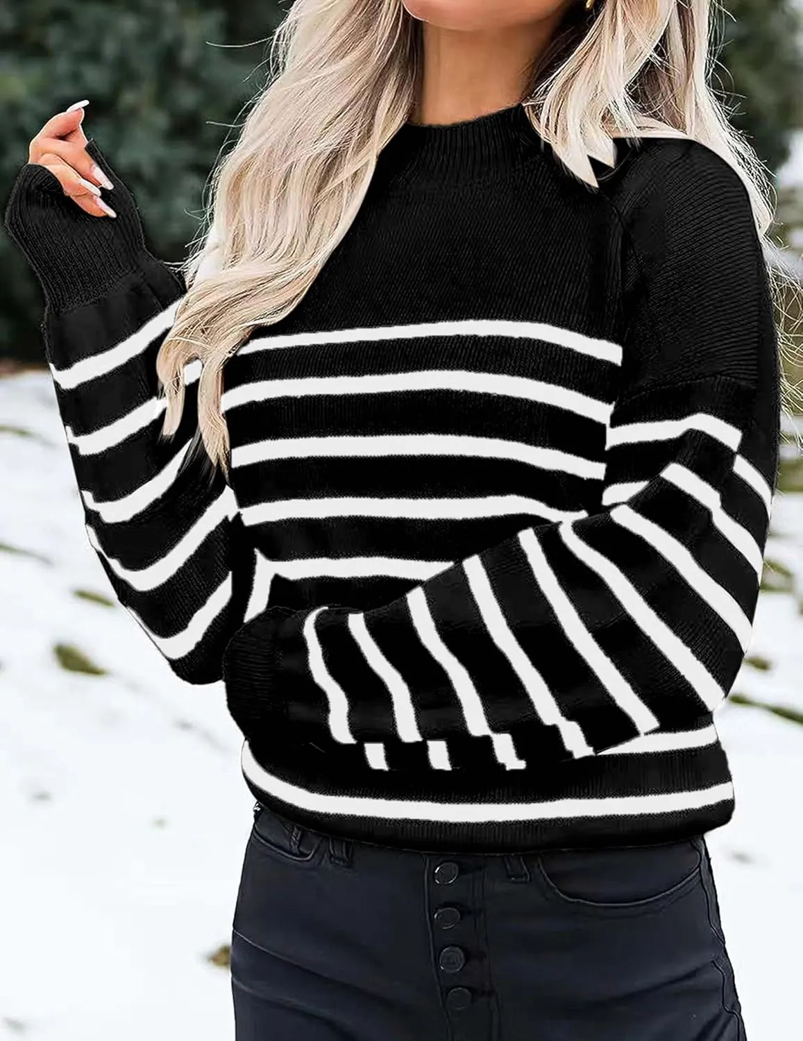 Womens Oversized Turtleneck Cute Striped Sweater Fall 2024 Casual Lightweight Ribbed Knit Long Sleeve Pullover Tops