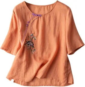 Women's Short Sleeve Linen Shirts Casual V-Neck Oversized T-Shirts Solid Loose Fit Summer Tee Shirts