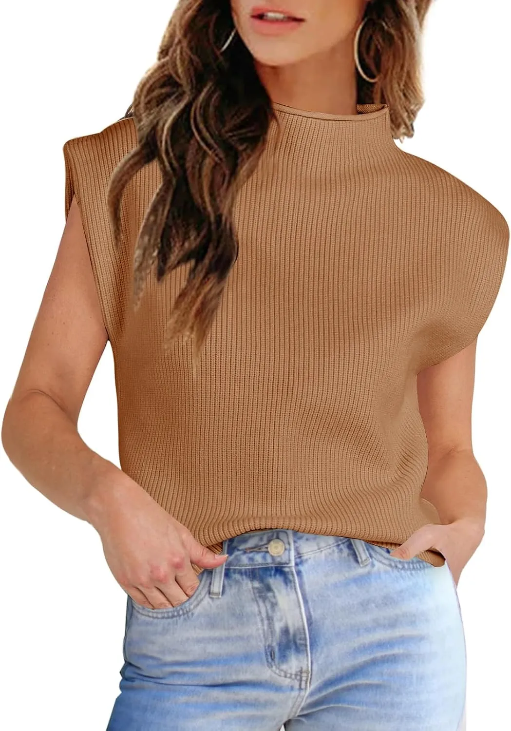Womens Sleeveless Sweater Vest Turtleneck Ribbed Knit Tank Tops Basic Slim Fit Top