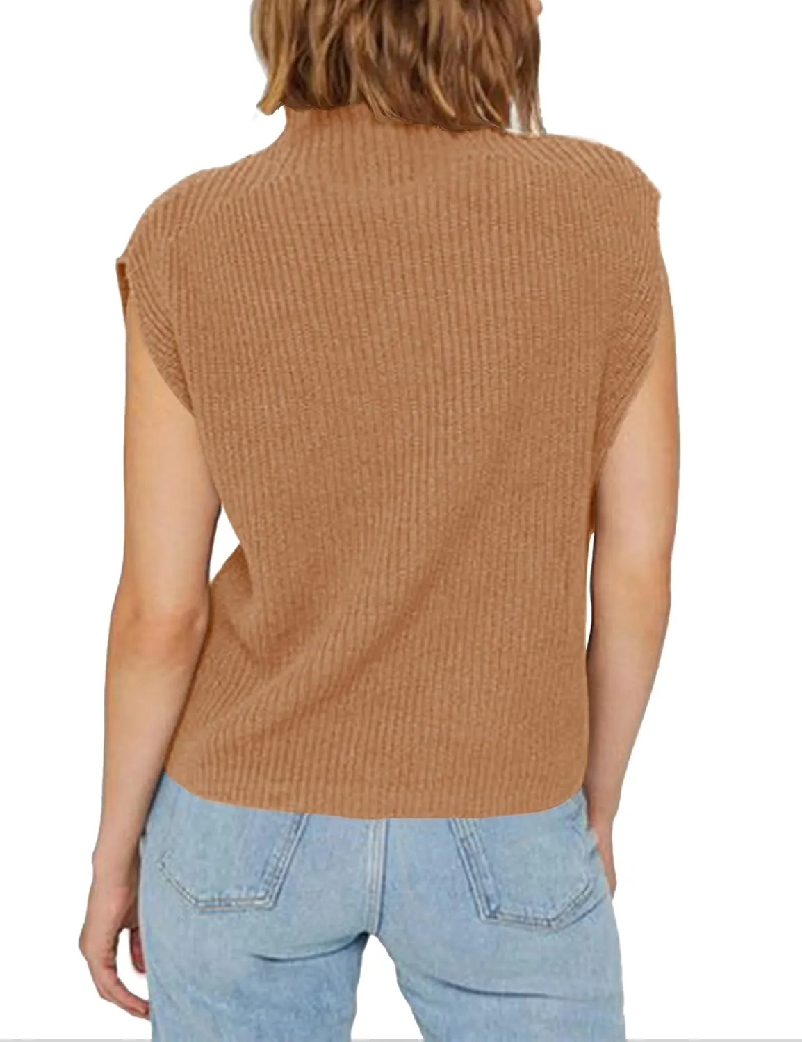 Womens Sleeveless Sweater Vest Turtleneck Ribbed Knit Tank Tops Basic Slim Fit Top