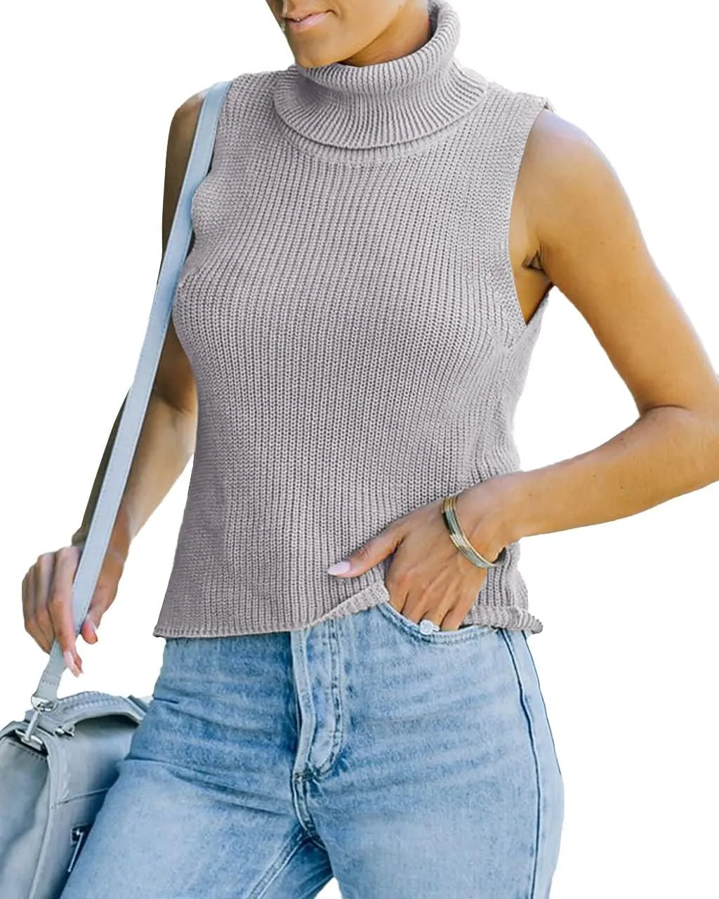 Womens Sleeveless Sweater Vest Turtleneck Ribbed Knit Tank Tops Basic Slim Fit Top