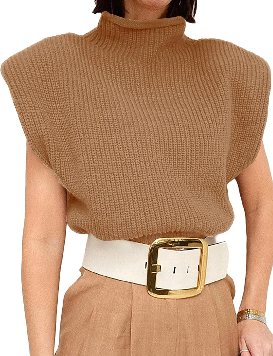 Womens Sleeveless Sweater Vest Turtleneck Ribbed Knit Tank Tops Basic Slim Fit Top
