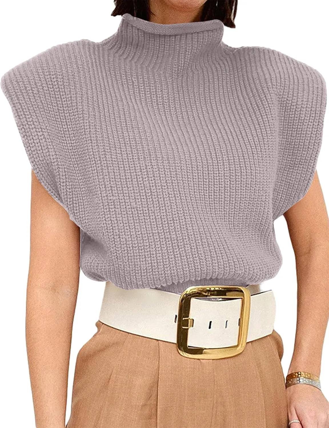 Womens Sleeveless Sweater Vest Turtleneck Ribbed Knit Tank Tops Basic Slim Fit Top