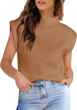 Womens Sleeveless Sweater Vest Turtleneck Ribbed Knit Tank Tops Basic Slim Fit Top