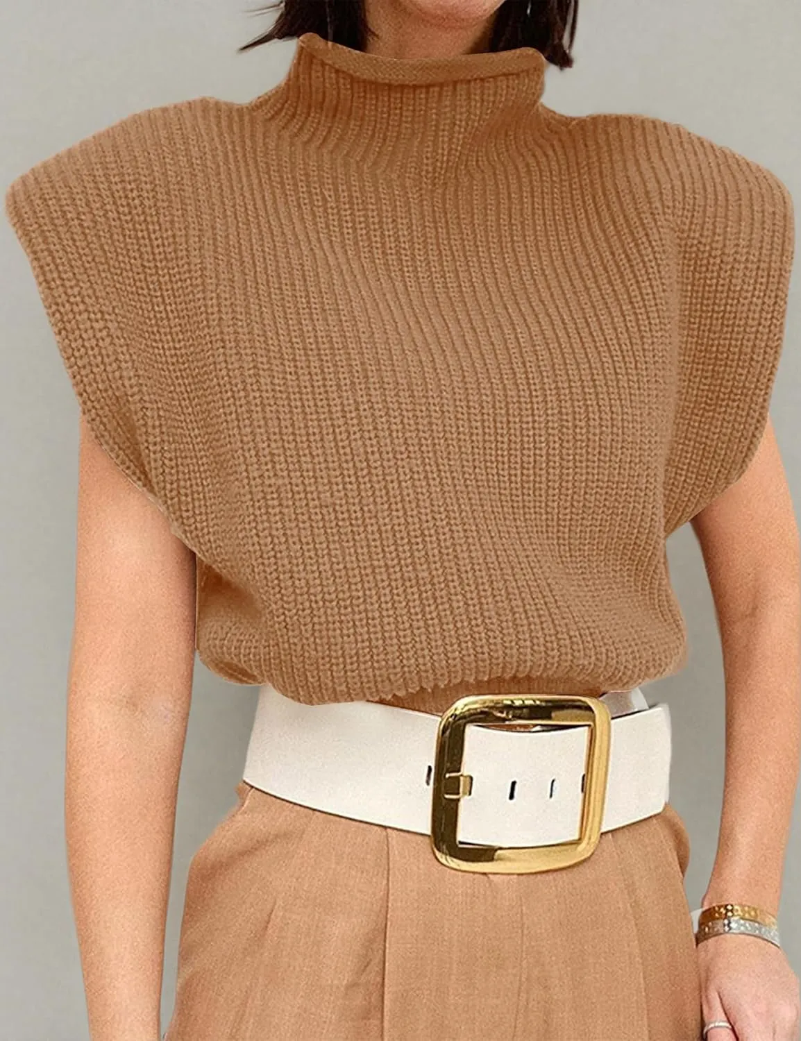 Womens Sleeveless Sweater Vest Turtleneck Ribbed Knit Tank Tops Basic Slim Fit Top
