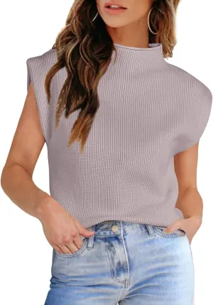 Womens Sleeveless Sweater Vest Turtleneck Ribbed Knit Tank Tops Basic Slim Fit Top