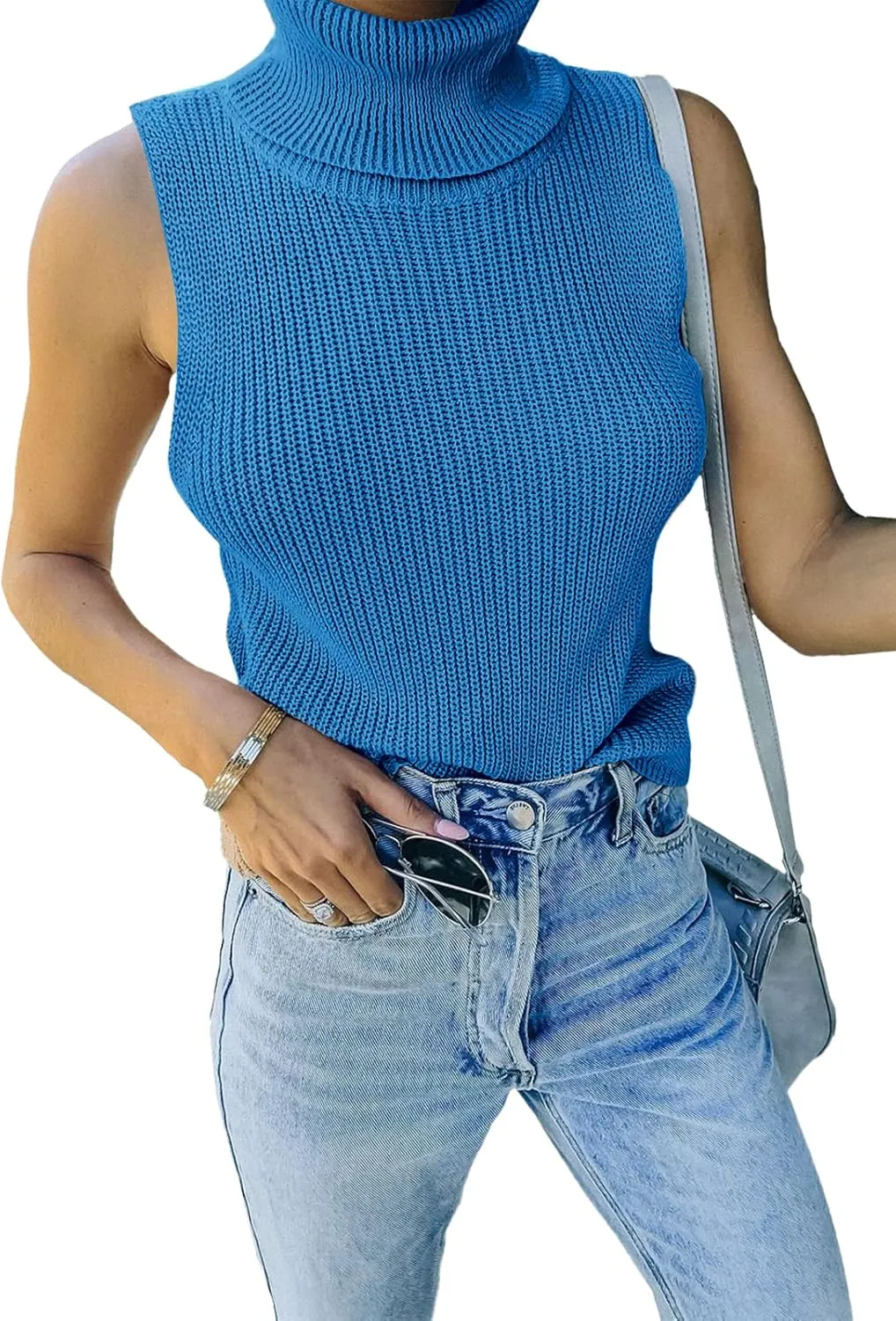 Womens Sleeveless Sweater Vest Turtleneck Ribbed Knit Tank Tops Basic Slim Fit Top