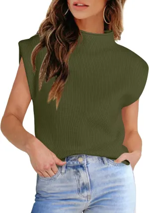 Womens Sleeveless Sweater Vest Turtleneck Ribbed Knit Tank Tops Basic Slim Fit Top