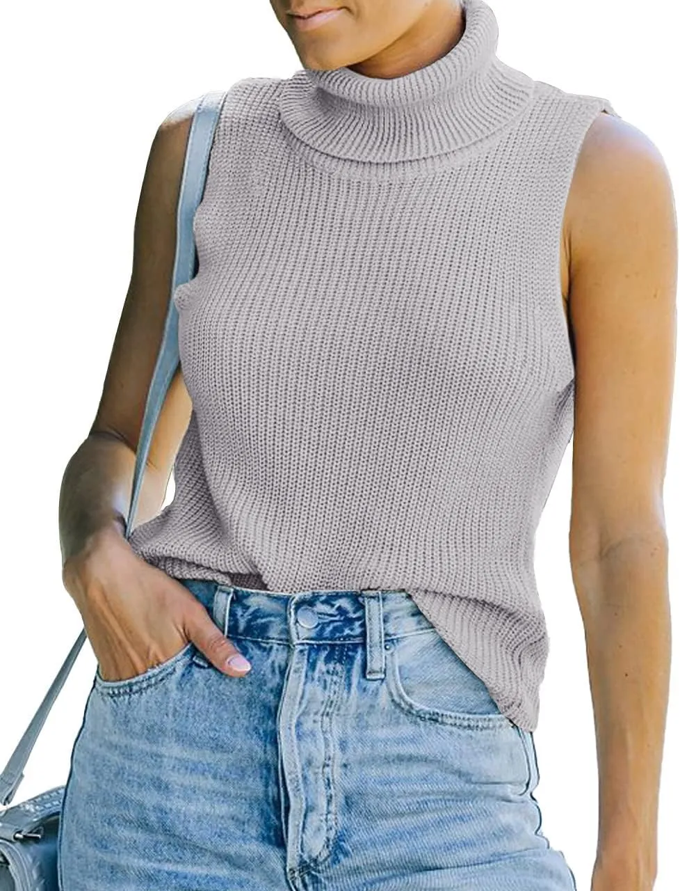 Womens Sleeveless Sweater Vest Turtleneck Ribbed Knit Tank Tops Basic Slim Fit Top