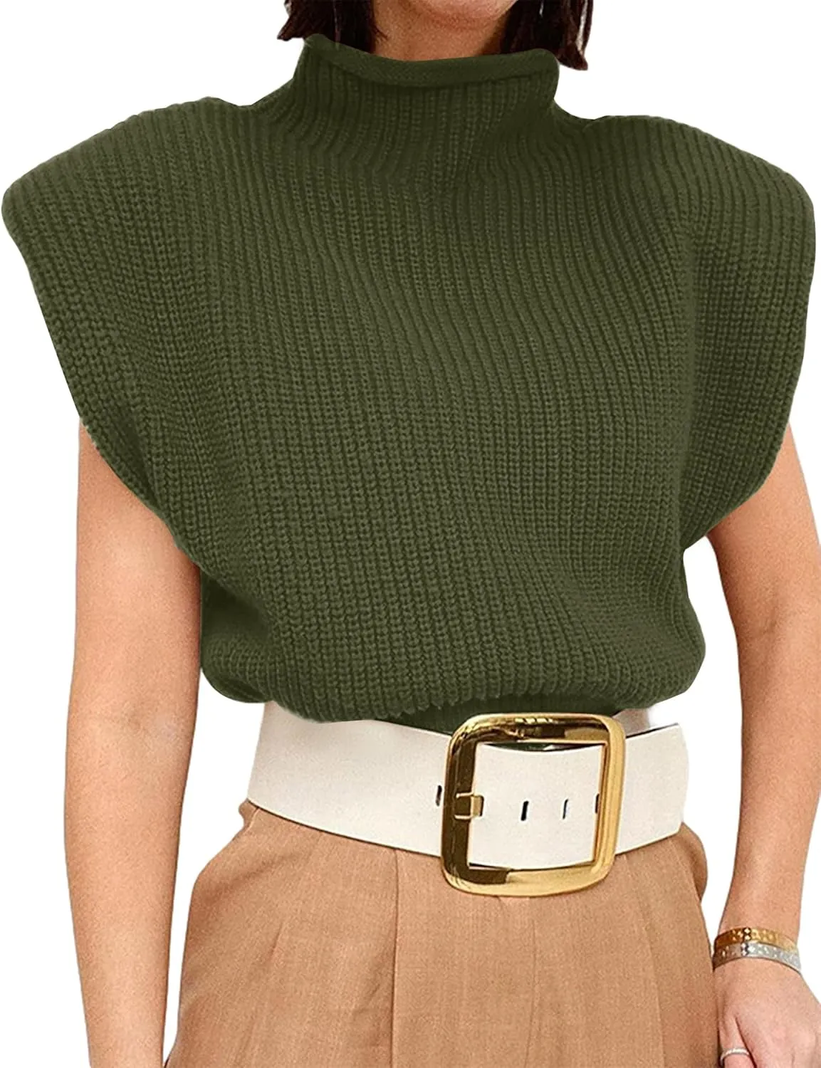 Womens Sleeveless Sweater Vest Turtleneck Ribbed Knit Tank Tops Basic Slim Fit Top