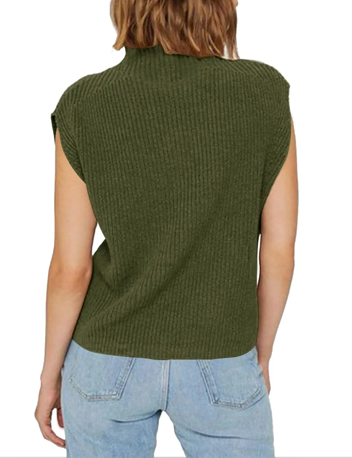 Womens Sleeveless Sweater Vest Turtleneck Ribbed Knit Tank Tops Basic Slim Fit Top