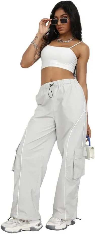 Y2K Parachute Track Pants for Women Low Rise Baggy Wide Leg Cargo Pants for Women