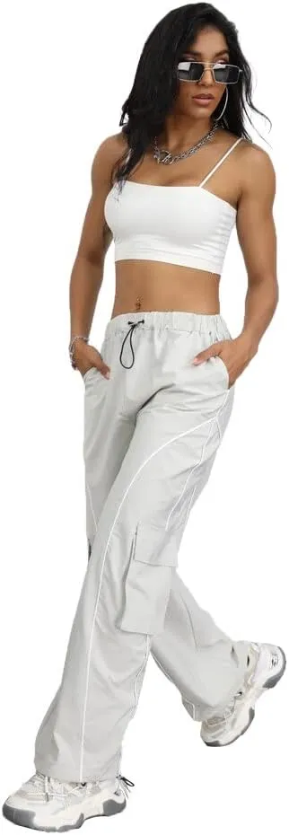 Y2K Parachute Track Pants for Women Low Rise Baggy Wide Leg Cargo Pants for Women