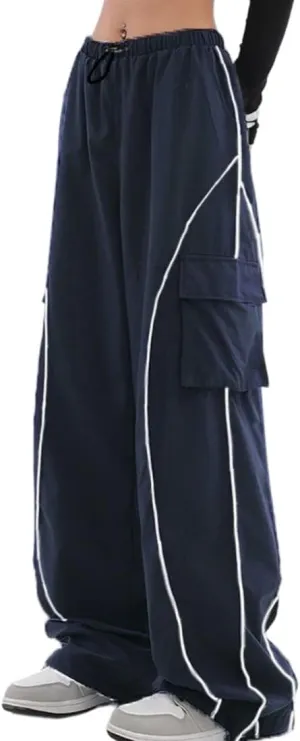 Y2K Parachute Track Pants for Women Low Rise Baggy Wide Leg Cargo Pants for Women