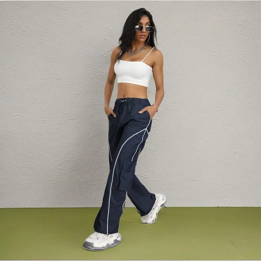 Y2K Parachute Track Pants for Women Low Rise Baggy Wide Leg Cargo Pants for Women