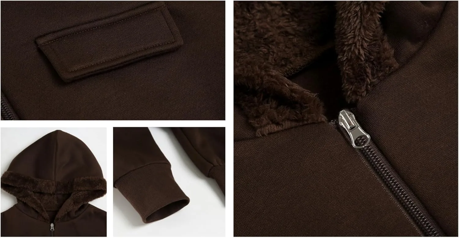 Y2k Zip Up Hoodie Fur Hooded Jacket Graphic Hoodie Grunge 2000s Clothing for Women Crop Winter Coats Streetwear