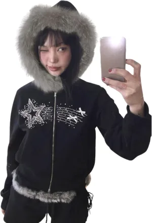 Y2k Zip Up Hoodie Fur Hooded Jacket Graphic Hoodie Grunge 2000s Clothing for Women Crop Winter Coats Streetwear