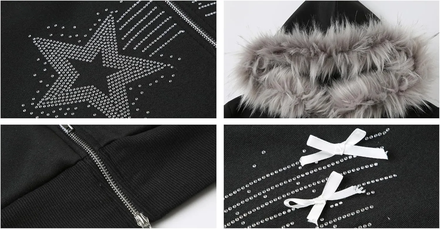Y2k Zip Up Hoodie Fur Hooded Jacket Graphic Hoodie Grunge 2000s Clothing for Women Crop Winter Coats Streetwear