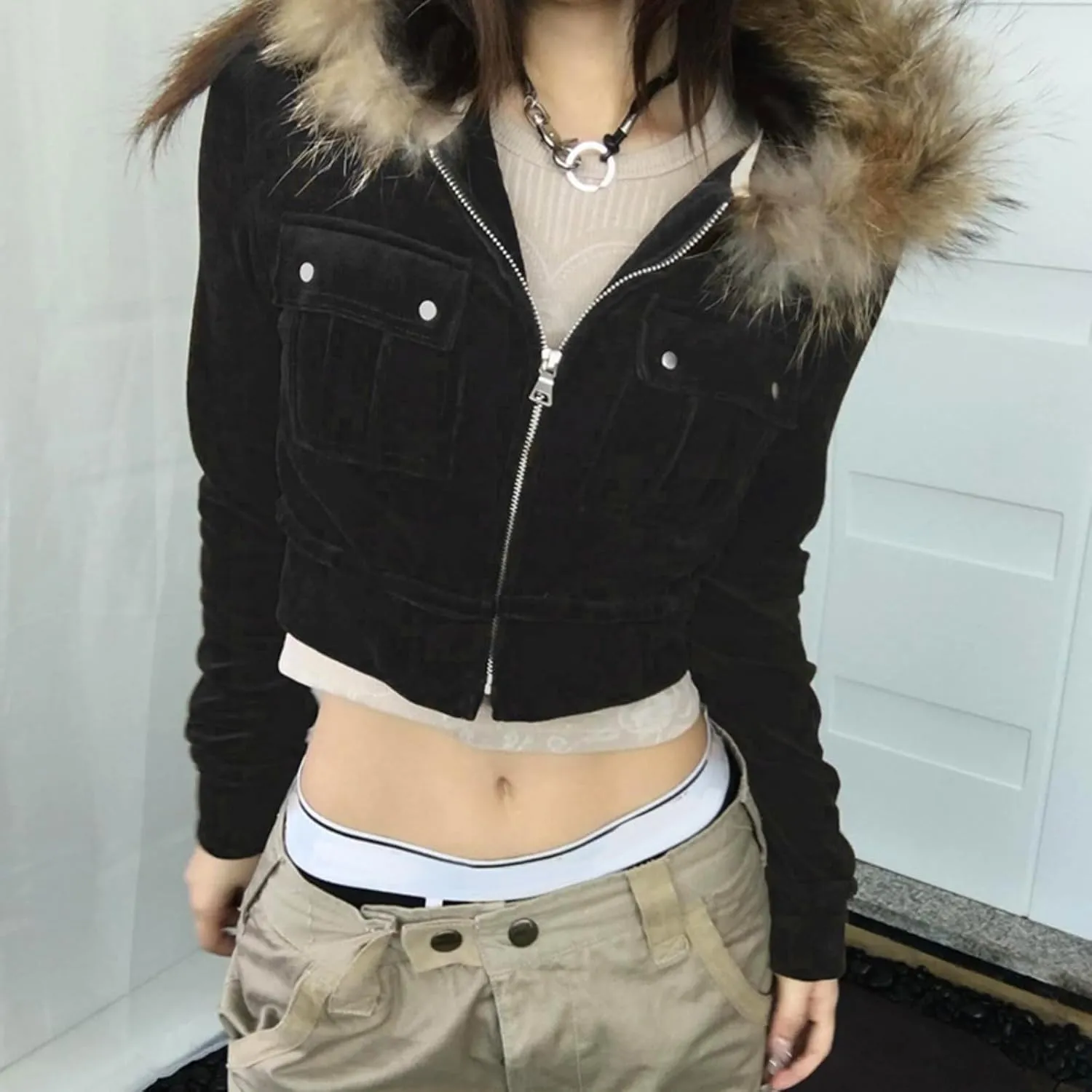 Y2k Zip Up Hoodie Fur Hooded Jacket Graphic Hoodie Grunge 2000s Clothing for Women Crop Winter Coats Streetwear