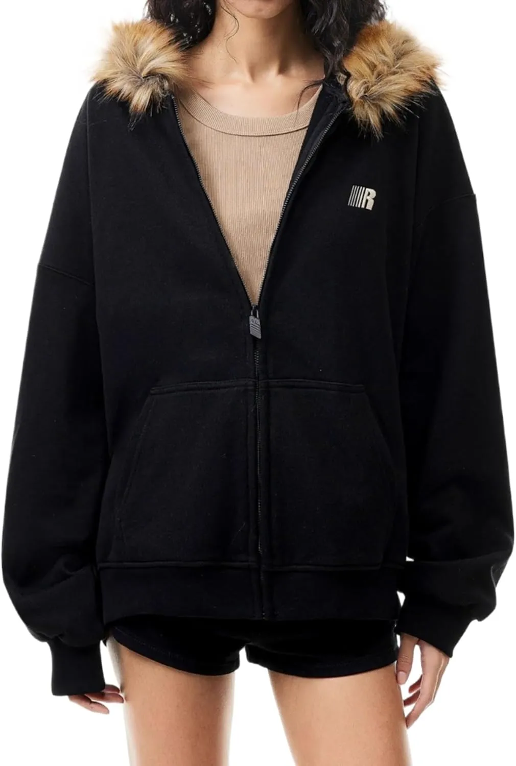Y2k Zip Up Hoodie Fur Hooded Jacket Graphic Hoodie Grunge 2000s Clothing for Women Crop Winter Coats Streetwear