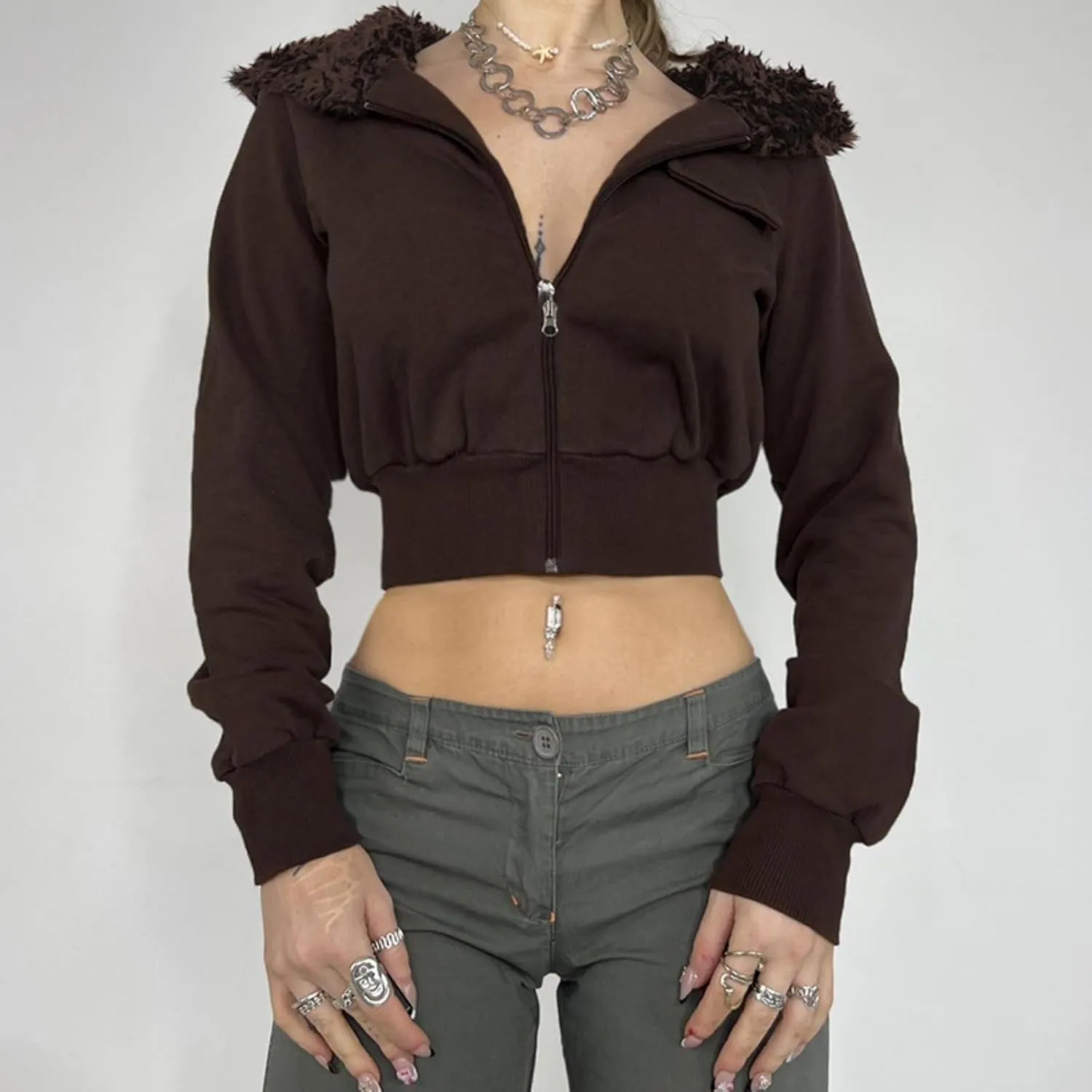Y2k Zip Up Hoodie Fur Hooded Jacket Graphic Hoodie Grunge 2000s Clothing for Women Crop Winter Coats Streetwear