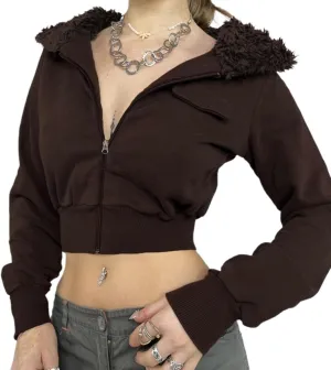 Y2k Zip Up Hoodie Fur Hooded Jacket Graphic Hoodie Grunge 2000s Clothing for Women Crop Winter Coats Streetwear
