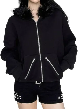 Y2k Zip Up Hoodie Fur Hooded Jacket Graphic Hoodie Grunge 2000s Clothing for Women Crop Winter Coats Streetwear