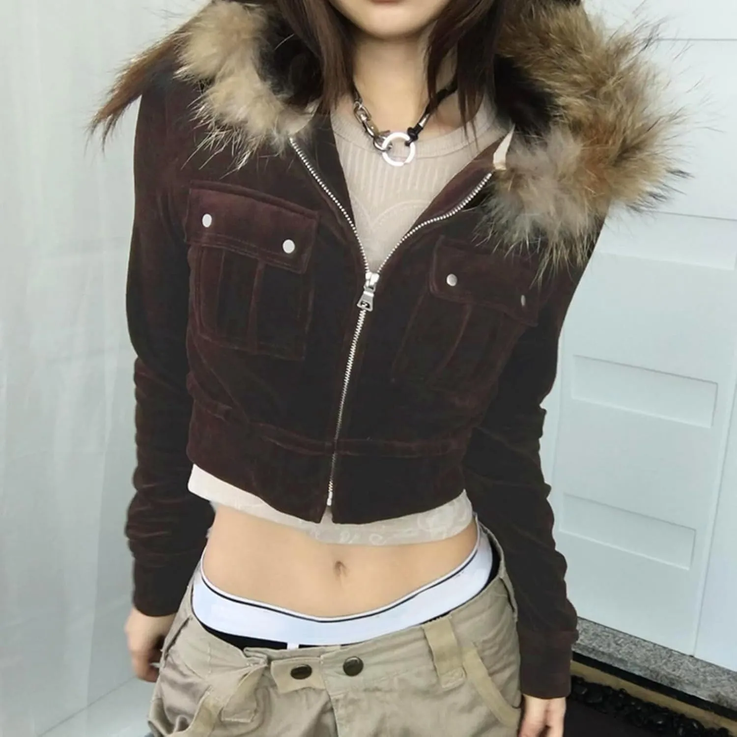 Y2k Zip Up Hoodie Fur Hooded Jacket Graphic Hoodie Grunge 2000s Clothing for Women Crop Winter Coats Streetwear