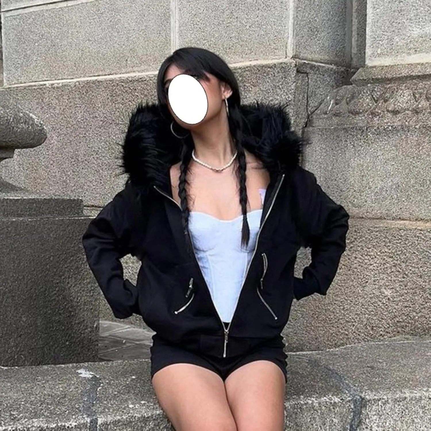 Y2k Zip Up Hoodie Fur Hooded Jacket Graphic Hoodie Grunge 2000s Clothing for Women Crop Winter Coats Streetwear