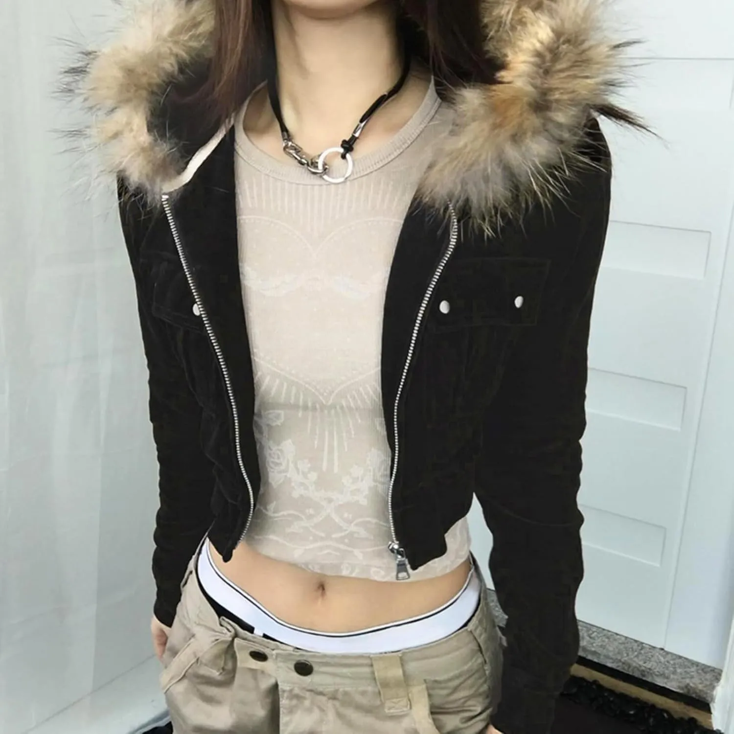 Y2k Zip Up Hoodie Fur Hooded Jacket Graphic Hoodie Grunge 2000s Clothing for Women Crop Winter Coats Streetwear