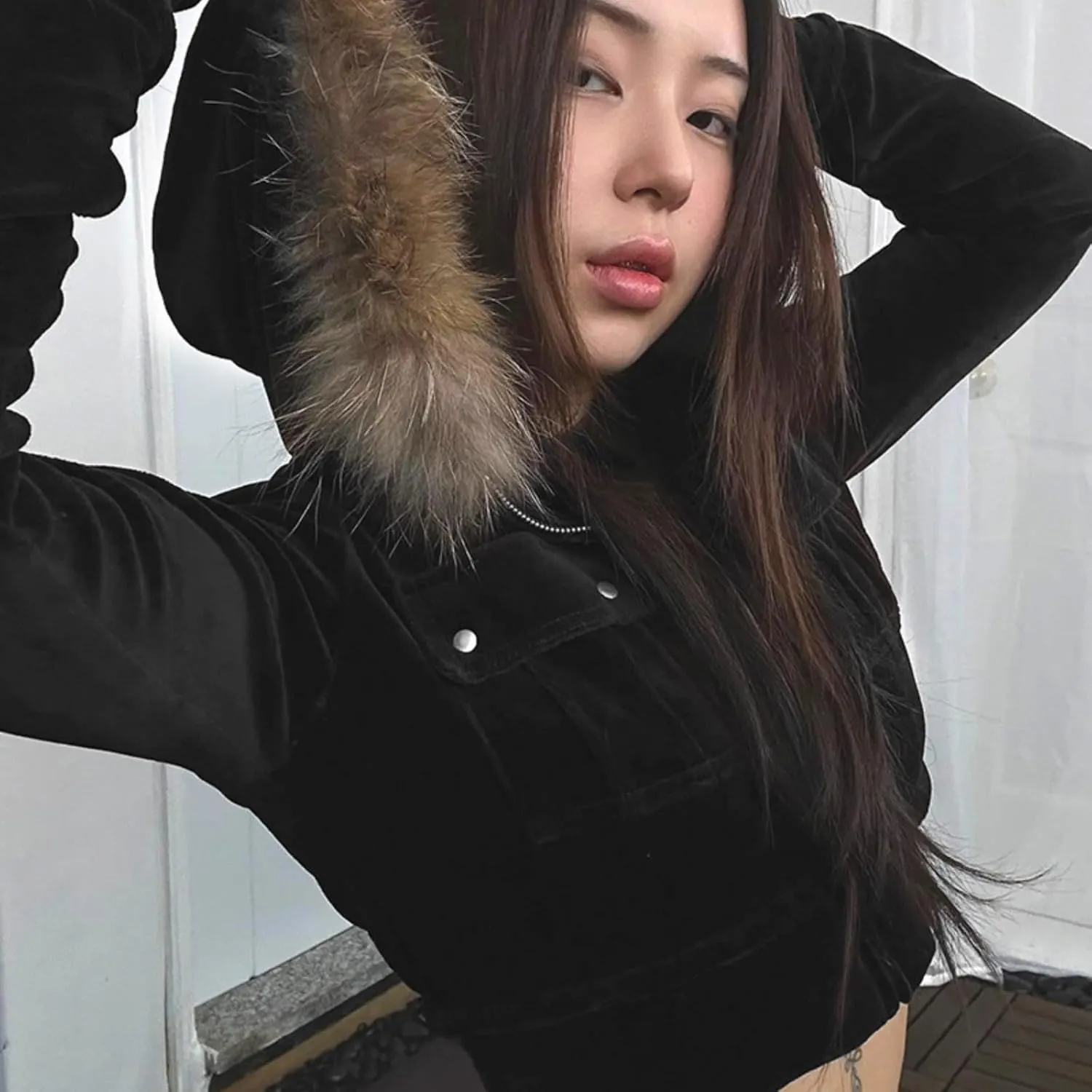 Y2k Zip Up Hoodie Fur Hooded Jacket Graphic Hoodie Grunge 2000s Clothing for Women Crop Winter Coats Streetwear