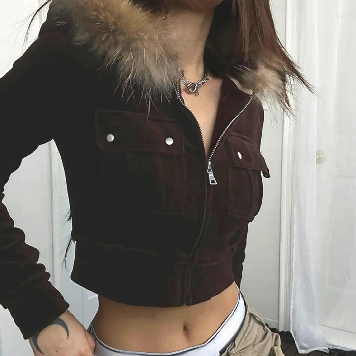 Y2k Zip Up Hoodie Fur Hooded Jacket Graphic Hoodie Grunge 2000s Clothing for Women Crop Winter Coats Streetwear