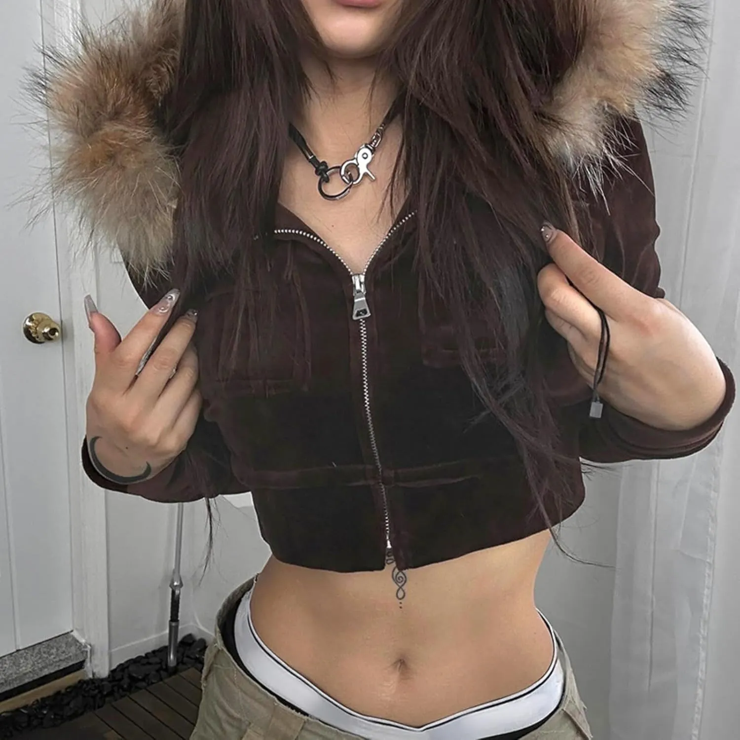 Y2k Zip Up Hoodie Fur Hooded Jacket Graphic Hoodie Grunge 2000s Clothing for Women Crop Winter Coats Streetwear