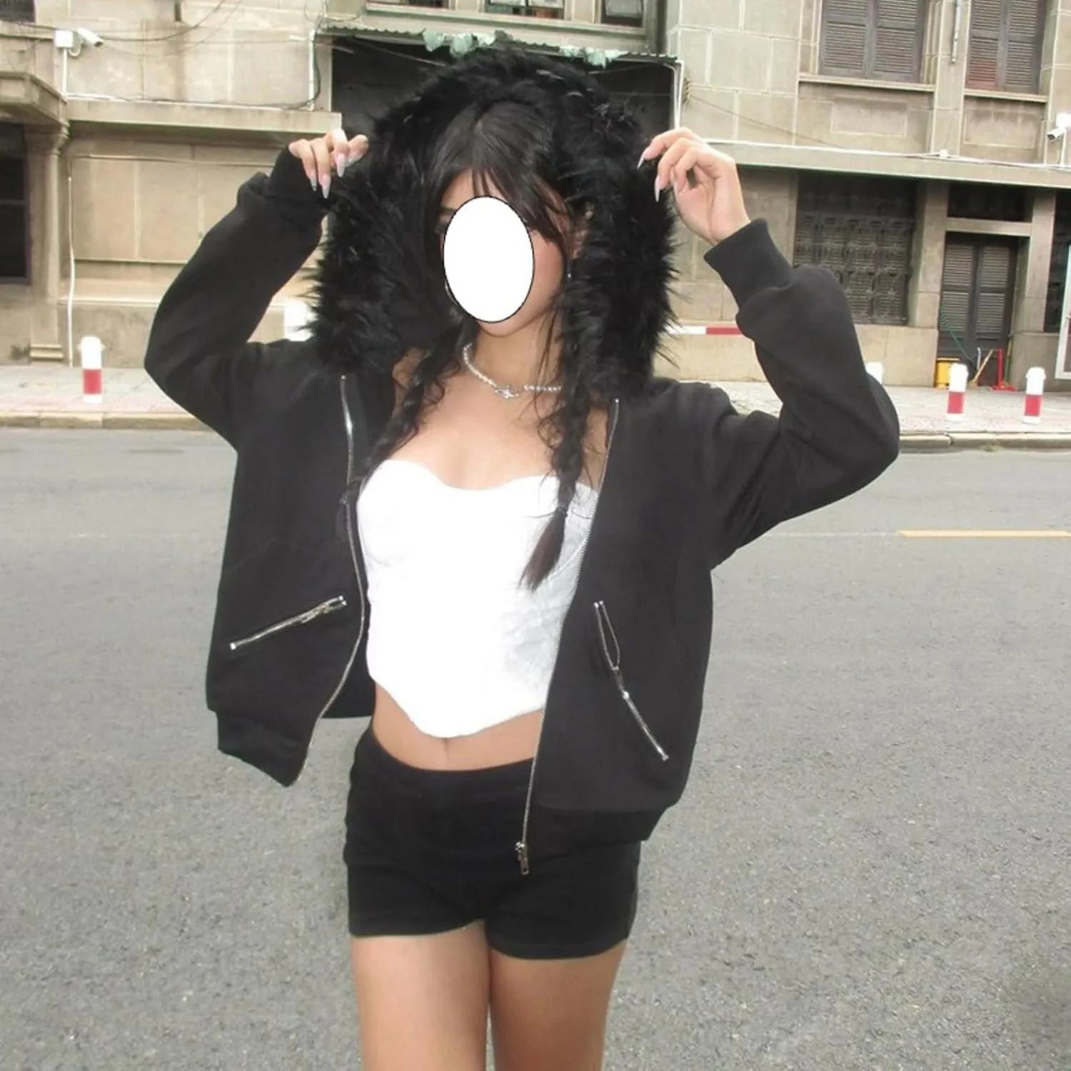 Y2k Zip Up Hoodie Fur Hooded Jacket Graphic Hoodie Grunge 2000s Clothing for Women Crop Winter Coats Streetwear