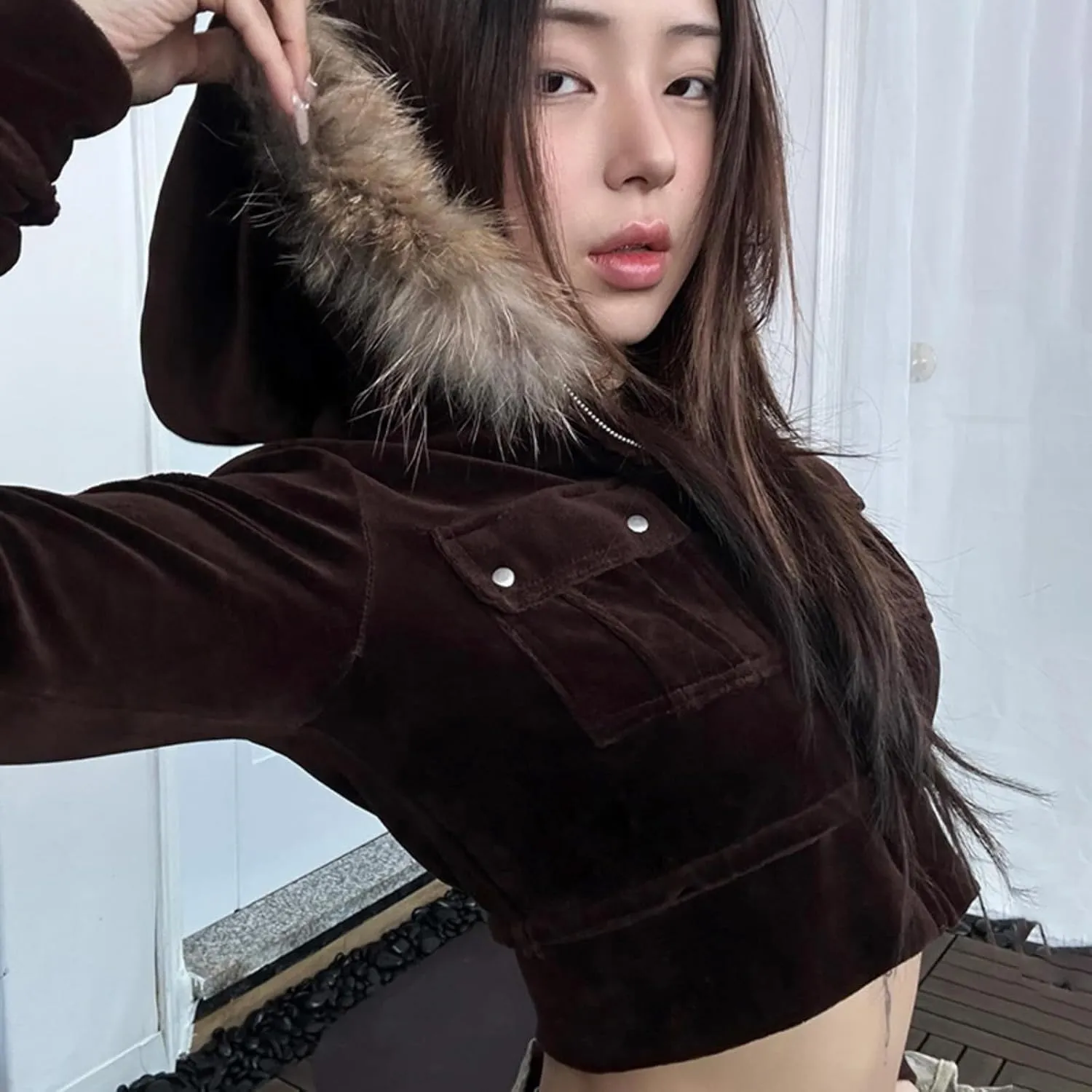 Y2k Zip Up Hoodie Fur Hooded Jacket Graphic Hoodie Grunge 2000s Clothing for Women Crop Winter Coats Streetwear