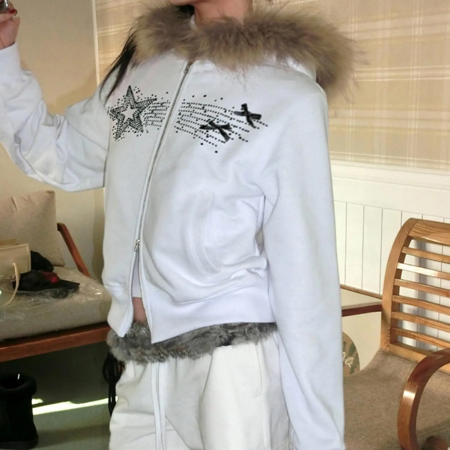 Y2k Zip Up Hoodie Fur Hooded Jacket Graphic Hoodie Grunge 2000s Clothing for Women Crop Winter Coats Streetwear