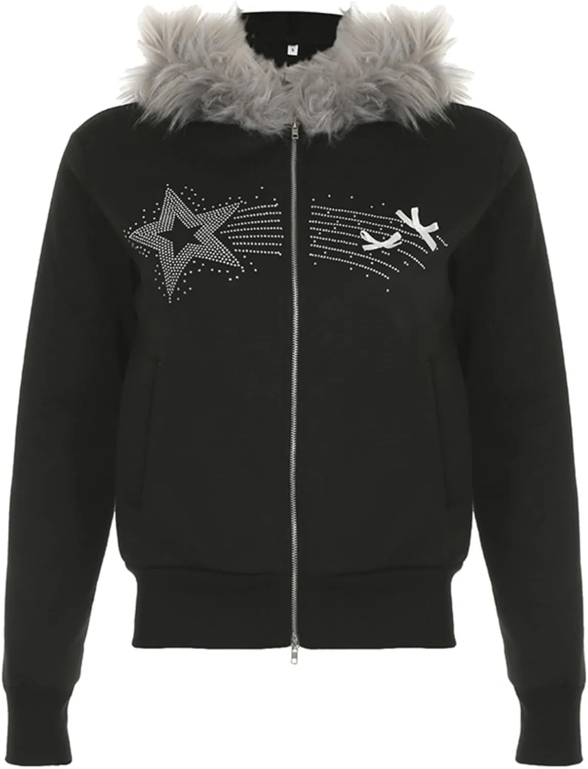 Y2k Zip Up Hoodie Fur Hooded Jacket Graphic Hoodie Grunge 2000s Clothing for Women Crop Winter Coats Streetwear